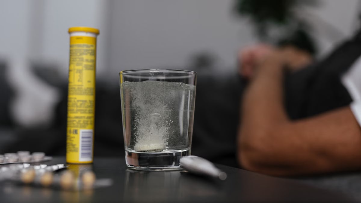 Effervescent tablet dissolving in glass, surrounded by medications, provides a healthcare-focused scene.